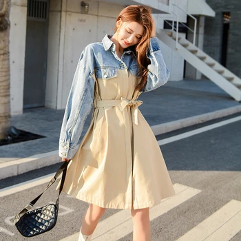 

2020 New Spring Denim Splice Trench Coat Women High quality Turn-down collar Long Sleeve Loose Windbreaker Women Overcoat D3381