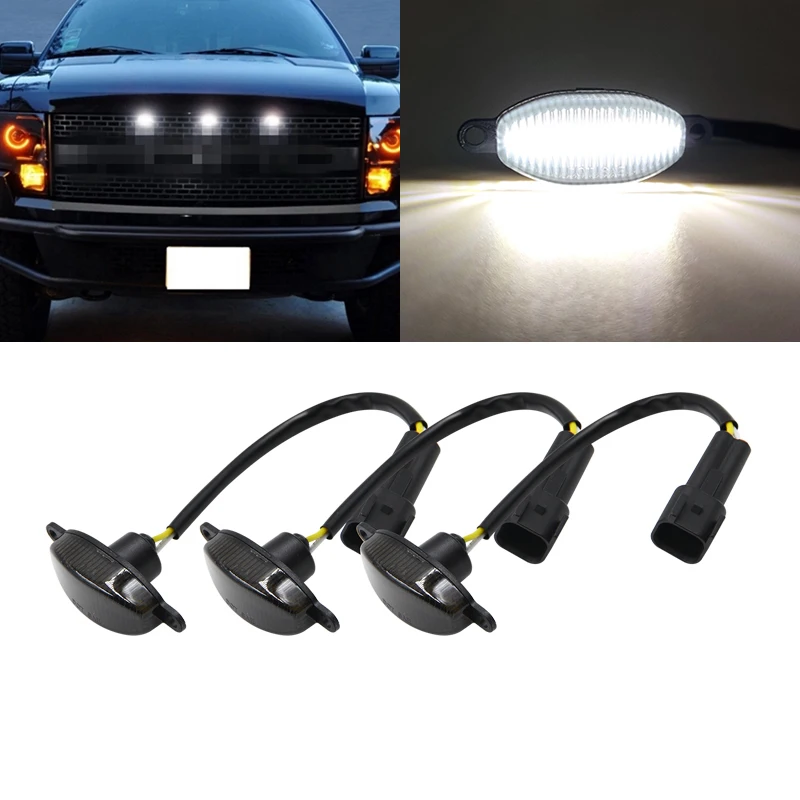 3pcs Smoked Lens White Led Front Grille Running Marker Lights For Ford