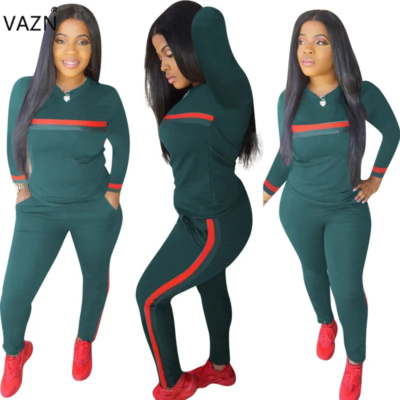 

VAZN Spring 2019 New Top Casual 2 Piece Women Set Solid O-Neck Full Sleeve Full Length Tracksuit Plus Size Slim Set HGL1050