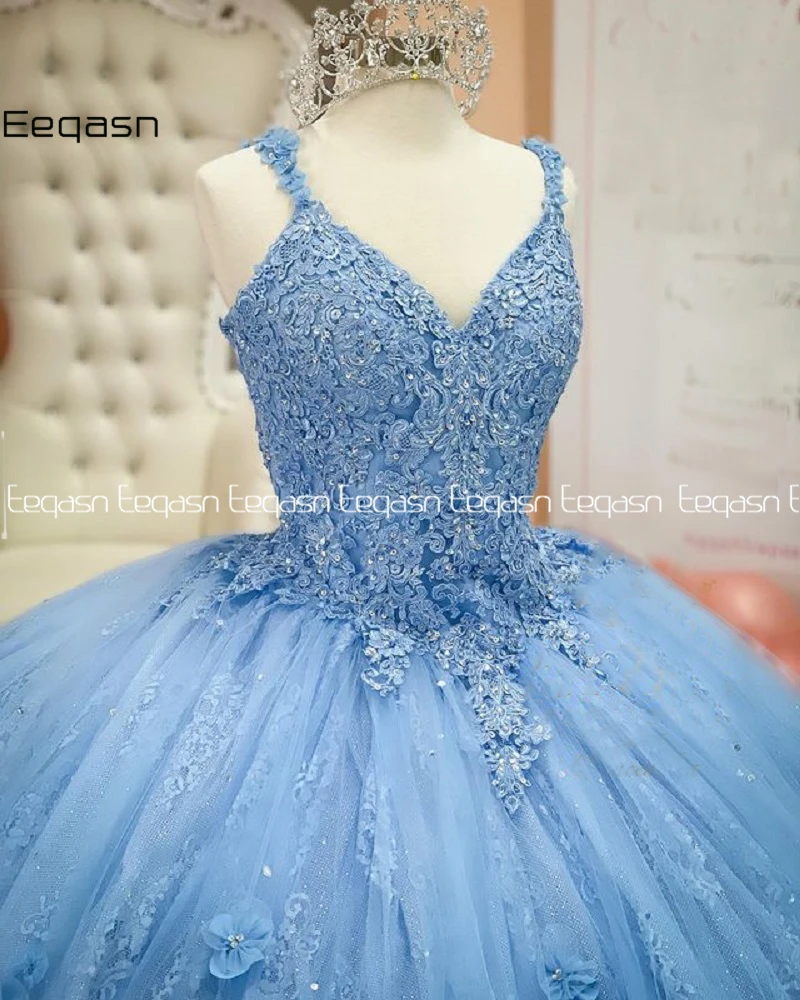 Vestidos De 15 Años Blue Quinceanera Dresses  Lace Applique 3D Flowers V Neck Sweet 16 Formal Prom Dress robe de soirée images - 6