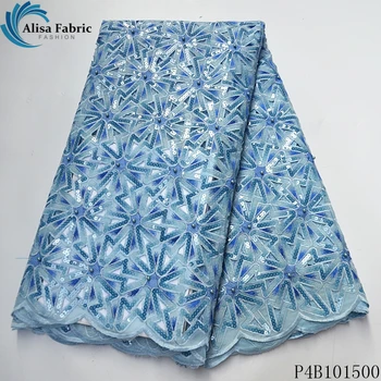 

Blue Handcut Organza Lace with Sequins 5 Yards African Embroidery Inspired Fabric with Big Holes Nigerian Ghana Occasional Wear