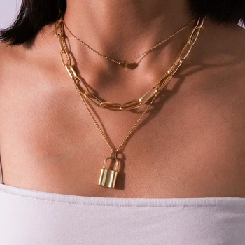 

Hot Sale Multi Layered Heart Lover Lock Pendant Necklace For Women Steampunk Padlock Long Chain Collar Couple Gift Jewelry