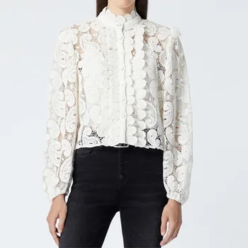 

Shirt Women Lace Embroidery Flower Pattern Hollow Out Stand Collar Tops Long Sleeve Vintage Blouse with Buttons