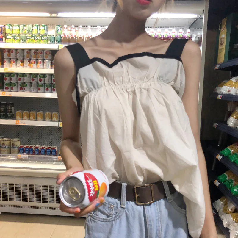 Women's Clothing chic camis Tanks tops splice ruffles panelled loose ulzzang korean summer blusas mujer de moda new Women tops