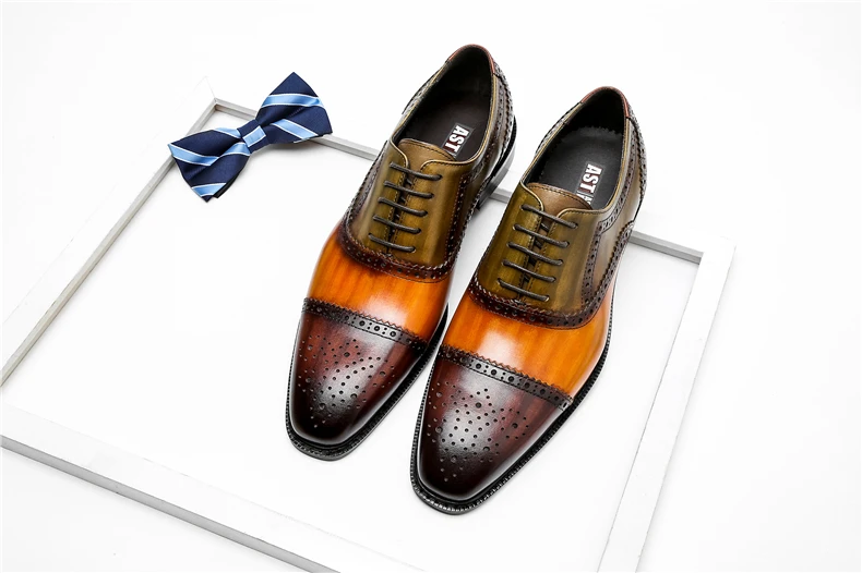 Phenkang Men Genuine Wingtip Leather Oxford Shoes Pointed Toe Laces Up Oxfords Dress Brogues Wedding Business Platform Shoes