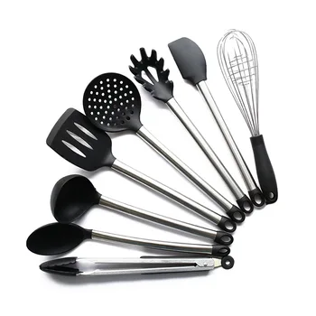 

HLZS-8 Piece Kitchen Utensil Set Stainless Steel and Black Silicone Modern Nonstick Utensils Cooking Tools