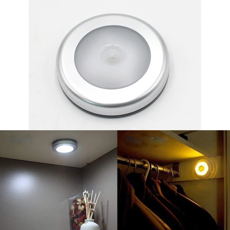 Round LED Night Light Auto Sensor PIR Motion Kitchen Wardrobe Closet Wall Lamp K 