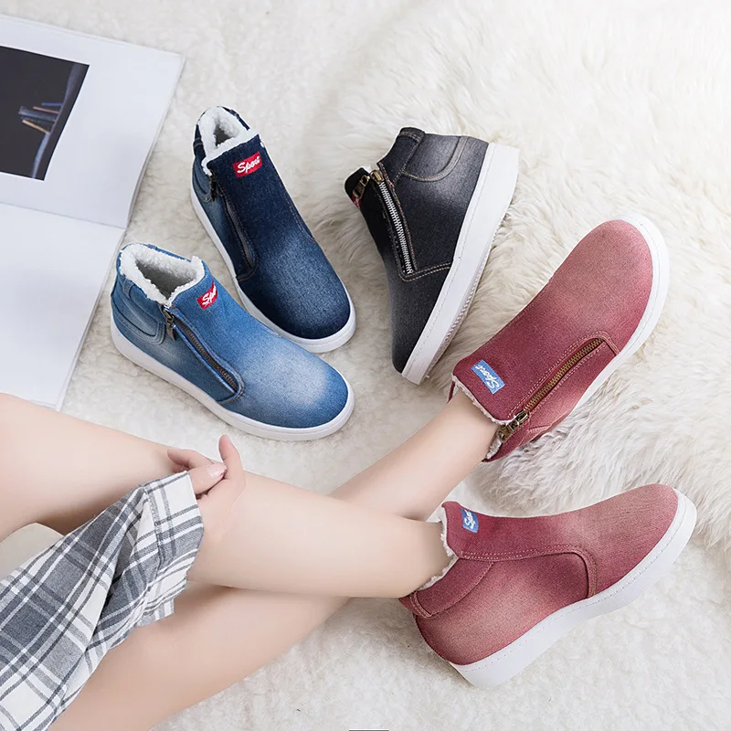 

New Women Shoes Winter Denim Ankle Boots Classic Zipper Snow Boots Warm Plush Thickening Flat Boots for Zapatos De Mujer ty67