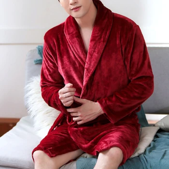 

Men Casual Wine Red Kimono Bathrobe Autumn Winter Flannel Long Robe Thicken Warm Soft Sleepwear Nightgown Male Casual Home Wear