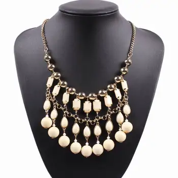 

2020 Fashion Women Bib Statement Necklace Three Row of Colorful Resin Wtih Gold Color Chain Bead Pendant Long Jewelry