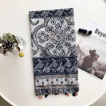 

2020 high-end new style scarves spring and autumn thin gauze blue totem printed scarf sunscreen cotton shawl