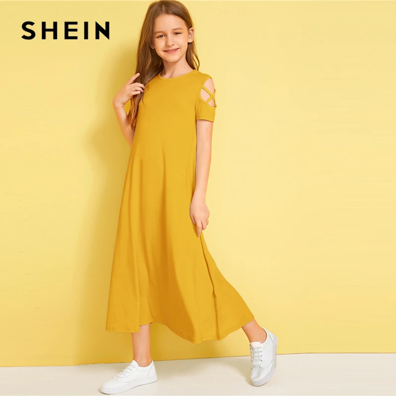 SHEIN/однотонное Повседневное платье с открытыми плечами и перекрещивающимися крест-накрест для детей; коллекция года; летние эластичные детские футболки с короткими рукавами