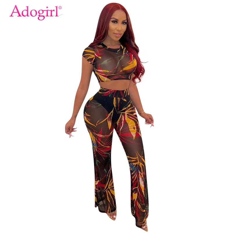 

Adogirl Fashion Print Sheer Mesh Two Piece Set Short Sleeve Crop Top Wide Leg Pants with Panties Women Sexy Night Club Suits