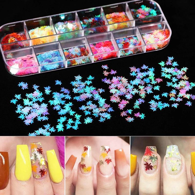 1 коробка, Красочные голографические пайетки для ногтей, кленовые листья, звезды, круглые хлопья для ногтей, для украшения ногтей DIY, 12 цветов