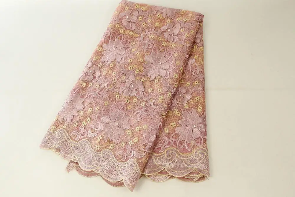 Африканский материал, вышитая бисером кружевная ткань для свадьбы, фиолетовая французская кружевная ткань, Высококачественный кружевной материал - Цвет: pink