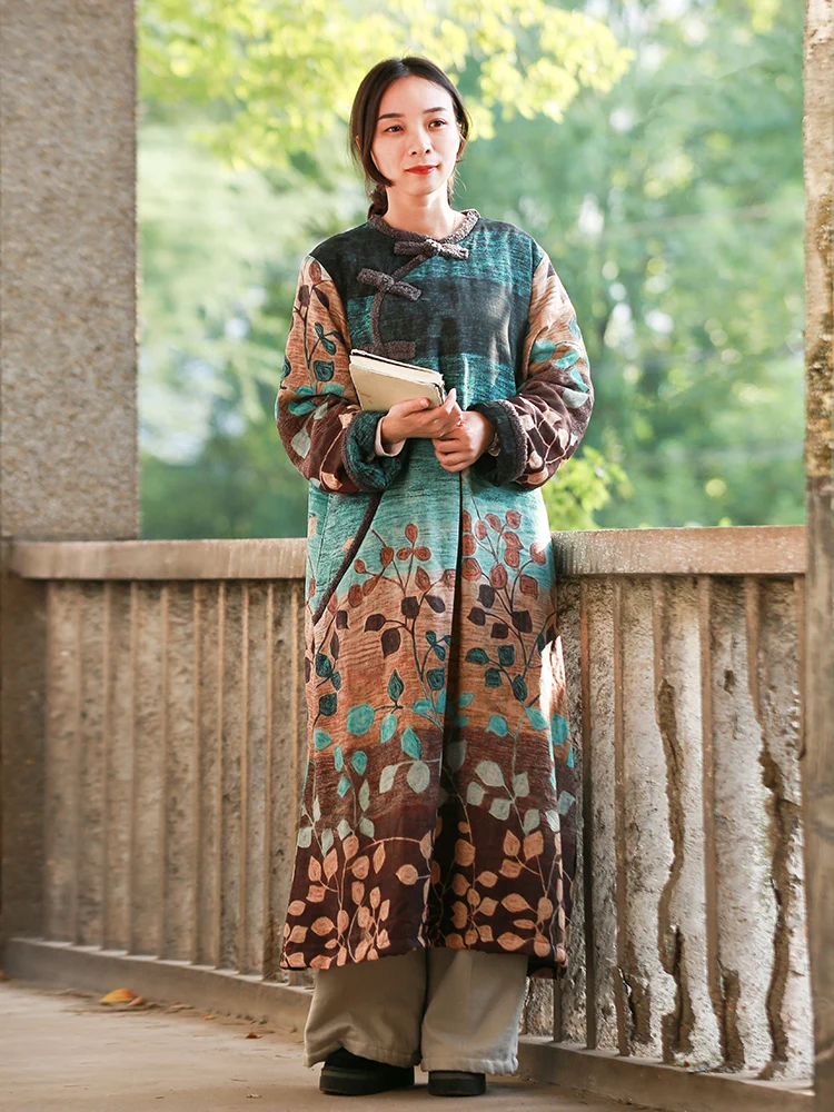 LZJN Women's Ethnic Winter Dress Vintage Chinese Style Soft Fleece Lined Warm Thicken Printed Maxi Coat Pullover with Pockets  (17)