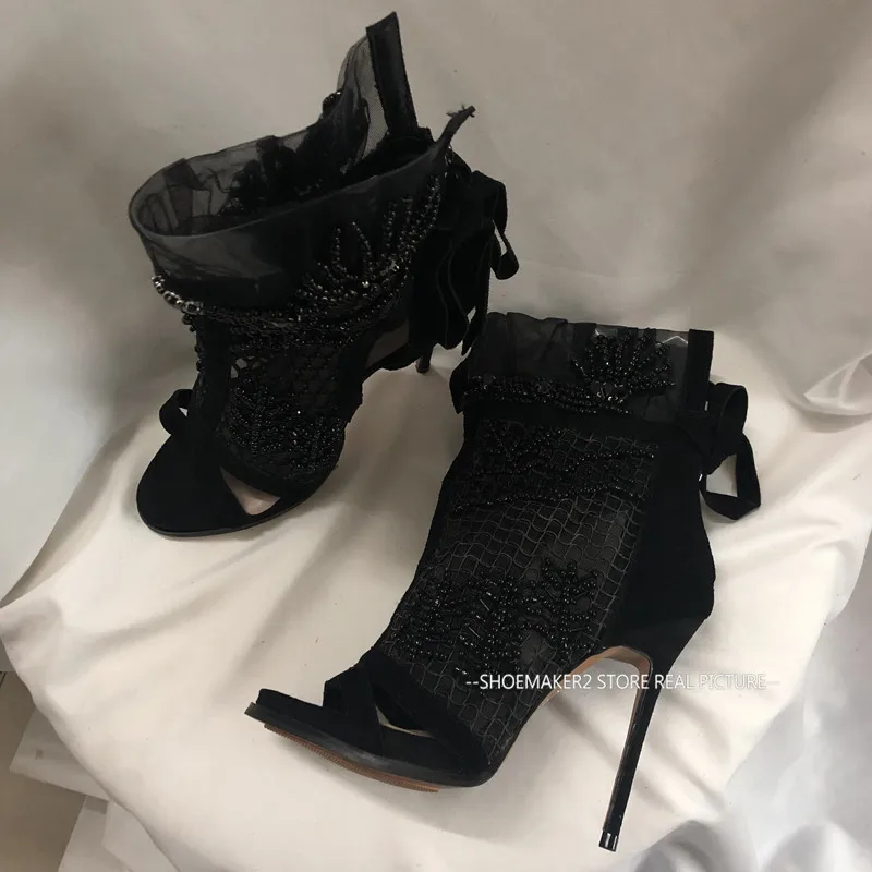 Runway Black Lace Crystal String Bead Sandals Women Cross-tied Peep Toe Thin High Heels Summer Shoes Sexy Party Dress Stilettos