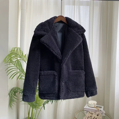 ZADORIN осенне-зимнее Свободное пальто с лацканами и длинными рукавами с карманом для женщин, большие размеры из искусственной овечьей шерсти меховая куртка женская уличная одежда - Цвет: Navy Blue