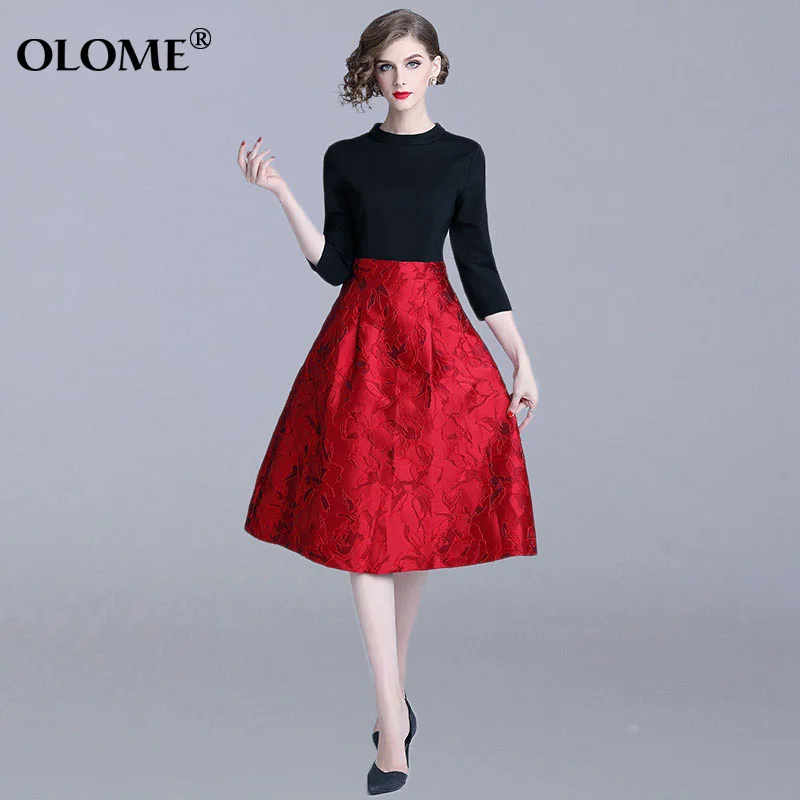 Ladies Elegant Party Women Dress New Brand Autumn Fashion England Line Patchwork to Solid Red Women Casual Dresses