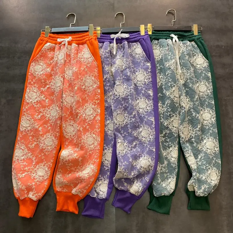 

New Winter Pants Women Tracksuit Mesh Embroidered Lace Panel Color Fleece-Lined Loose Pants Girls Ladies Trousers