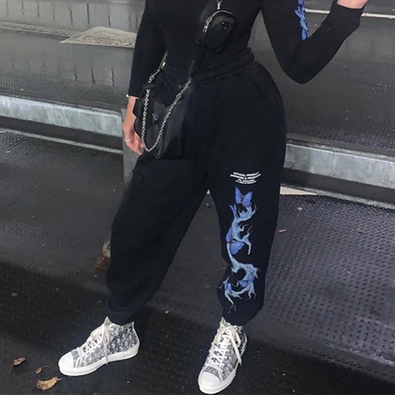 

Streetwear Butterfly Lightning Print Y2k Sweatpants Women 2020 High Waisted Trousers Female Jogging Long Sweat Pant Bottom Capri
