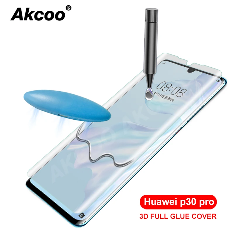 Akcoo P30 Pro Tempered Glass UV full glue for Huawei P30 Pro screen protector P30 lite 10D UV Glass film with Oleophobic Coating