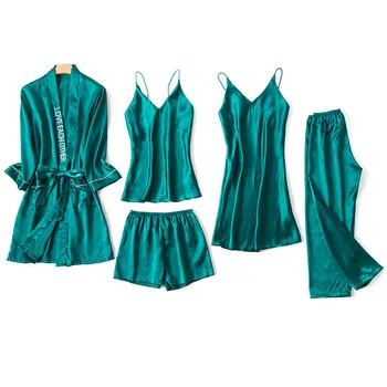 

New Women Pajamas Sets With Pants 5 PCS Satin Sleepwear Silky Embroidery Pajamas Suit 5PCS Sleepwear Lady Lounge Nightwear
