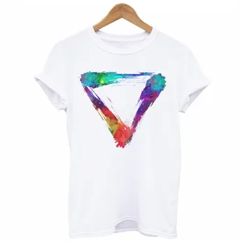 

LUO YI New White Bottoming Shirt Casual Women Triangle Color Pattern Top Short Sleeve Model 39.99
