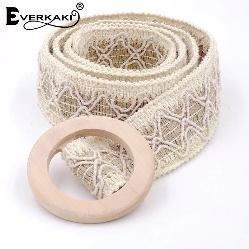 Khaki Everkaki Boho кружевной пояс из кусков, женский пояс с круглой деревянной пряжкой, вязаные ремни для женщин, платье, джинсы, новинка - Цвет: Khaki