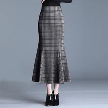 Осенне-зимняя женская клетчатая юбка русалки в английском стиле с высокой талией, шерстяная юбка средней длины, элегантная юбка-карандаш размера плюс для женщин s