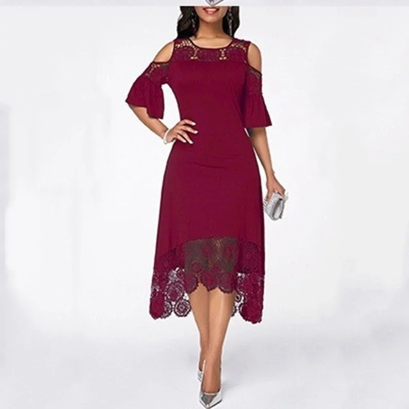 Wisalo размера плюс женское элегантное вечернее платье летнее кружевное с коротким рукавом О-образным вырезом с открытыми плечами Повседневное платье неправильной формы S-5XL Vestidos - Цвет: Red
