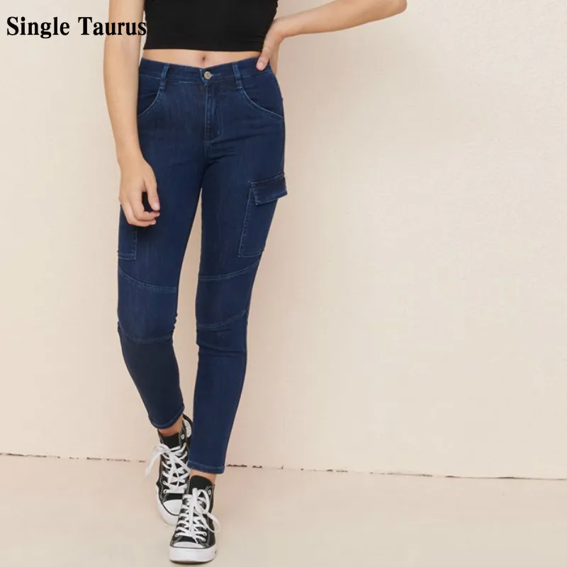 Otoño Invierno Mujer raya lateral bolsillos Jeans de cintura alta de carga pantalones de mezclilla Mujer Streetwear pijo Casual pantalón azul