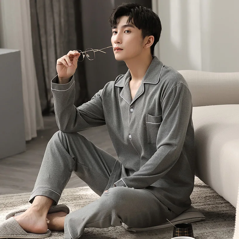 100% Cotton Winter Pajamas for Men Sleepwear White PJ Set Pyjama Homme Autumn Pijamas Hombre 2 Piece Pure Cotton Home Clothes