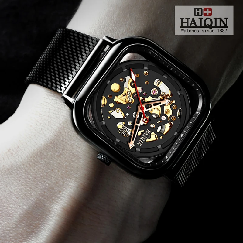 HAIQIN Fashion Sport Mens Watches top brand luxury Square Mechanical watch men wirstwatch Hollow skeleton erkek kol saati