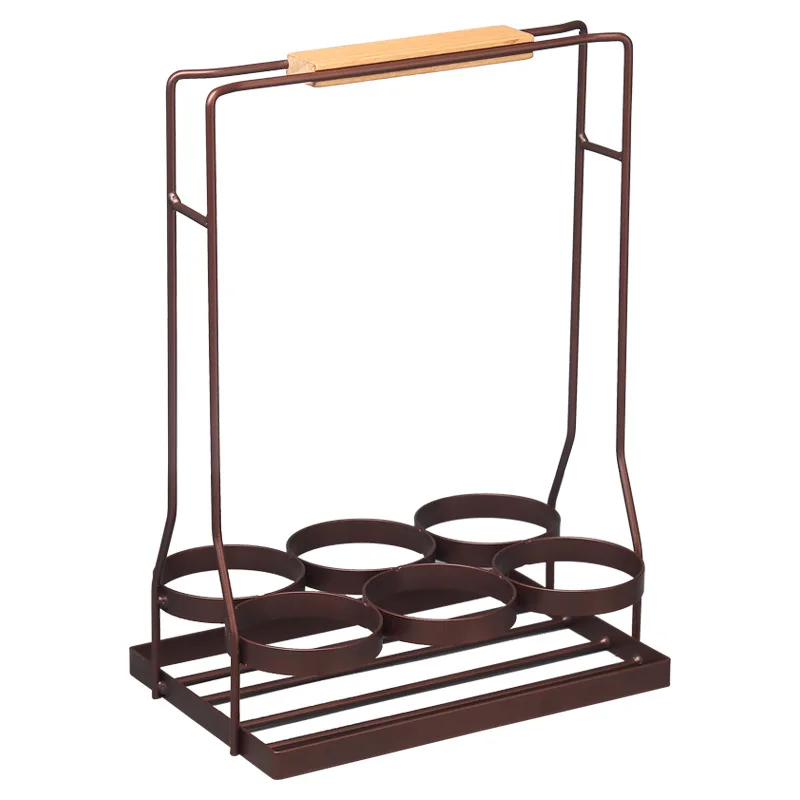 Coffee 6 Bottle Wine Caddy Sturdy Black Coated Frame Protects Bottles.Real Natural Wood Handle Folds For Compact Storage - Цвет: Coffee