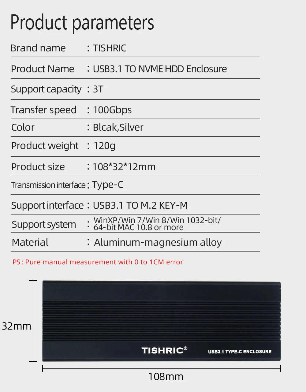 Чехол для жесткого диска TISHRIC USB3.1 для NVME, корпус для жесткого диска USB3.1 с интерфейсом type-C, корпус жесткого диска 3 ТБ для внешнего жесткого диска