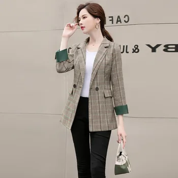 

Women's jacket 2019 autumn new casual fashion temperament Slim lattice double-breasted small suit women's clothing