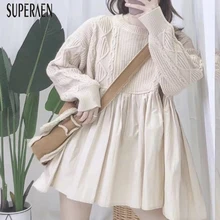 SuperAen, корейский стиль, женские пуловеры, свитера с круглым вырезом, осень, новинка, женские свитера, чистый цвет, женские вязаные топы
