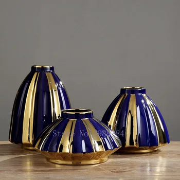 

Creative Nordic Blue geometry Ceramic vase Flower arrangement Gold Modern home desktop Crafts ornaments Wedding decoration