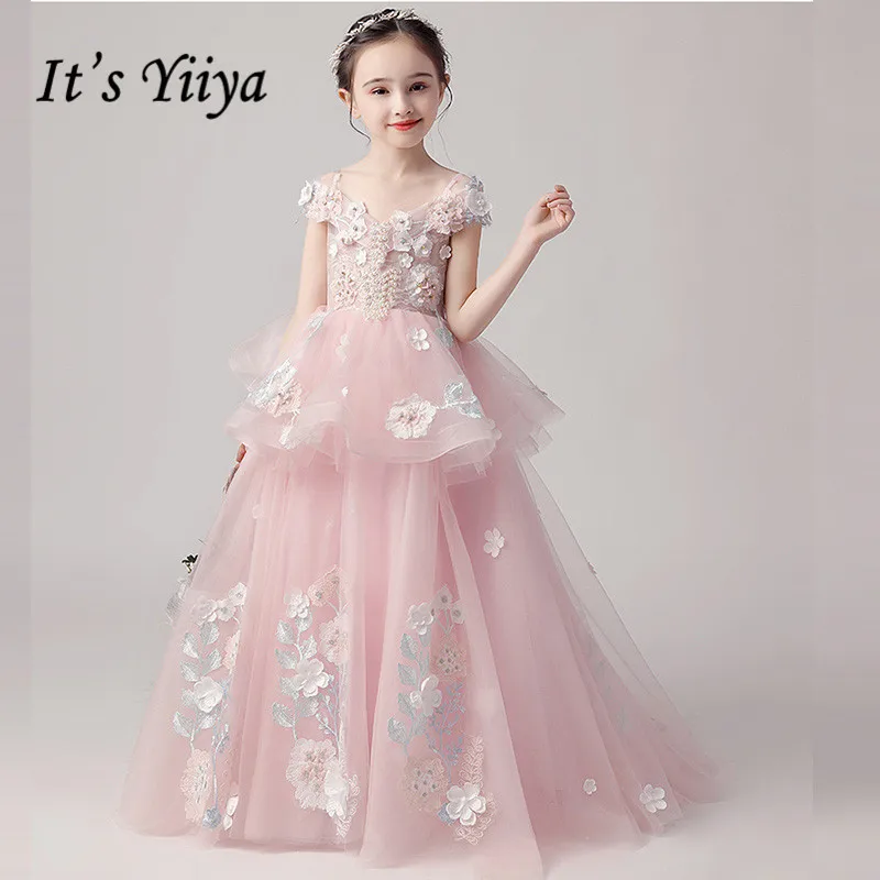 Luxury Princess Dresses It's Yiiya B053 Elegant V-neck Off Shoulder Appliques Flower Girls Dress For Weddings Communion | Свадьбы и
