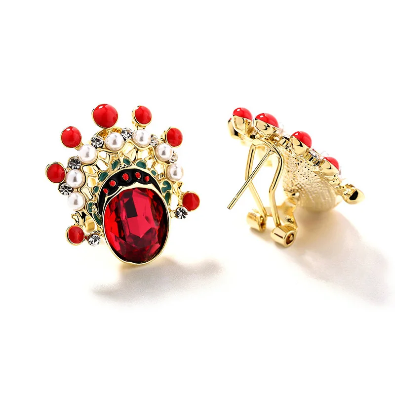 

New Chinese Beijing Opera Facial Mask Red Crystals Stud Earrings Character Ethnic Make Up Jewelry For Women Girls Christmas Gift