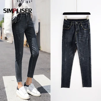 

Ankle Length Women Denim Blue Jeans Pencil Pants Plus Size Female High Waisted Trousers Grey Blue Femme Mom Jeans Stretch 2019