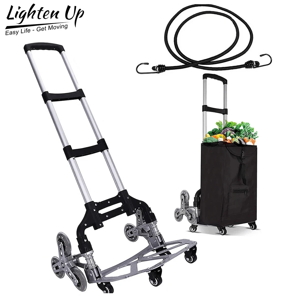 All Terrain Stair Climbing Cart Hand Truck Folding Trolley with 6 Crystal Wheels and Bungee Cord for Upstairs Cargo 100KG