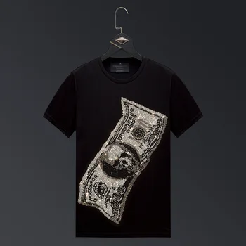 

2020 Fashion Dollar Skull Rhinestones T Shirts Men Brand Short Sleeve Man Streetwear O Neck Slim Tshirts Calaveras Camiseta 6XL