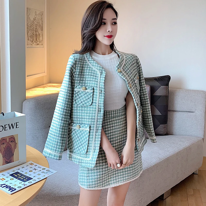 

Autumn Winter New Runway Suit Set Women's Fashion Long Sleeve Tweed Woolen Houndstooth Jacket Coat And Skirt 2 Piece Set Outfits