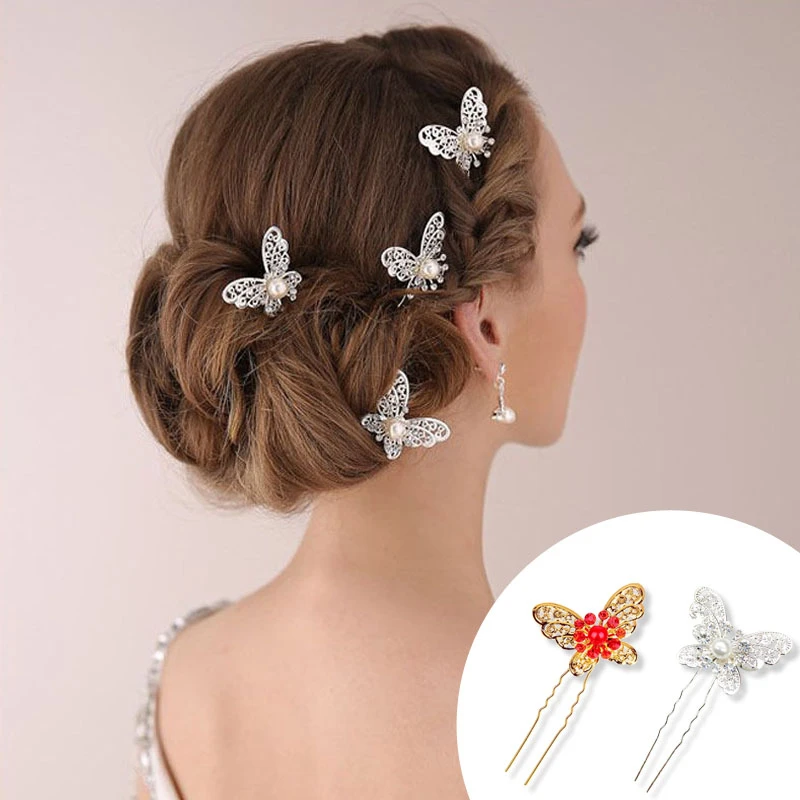 

Bridal Jewelry Gold Butterfly Wedding Costume Headdress U-shaped Hairpin Ruby Red Bead Pearl Hair Accessories Hair Sticks