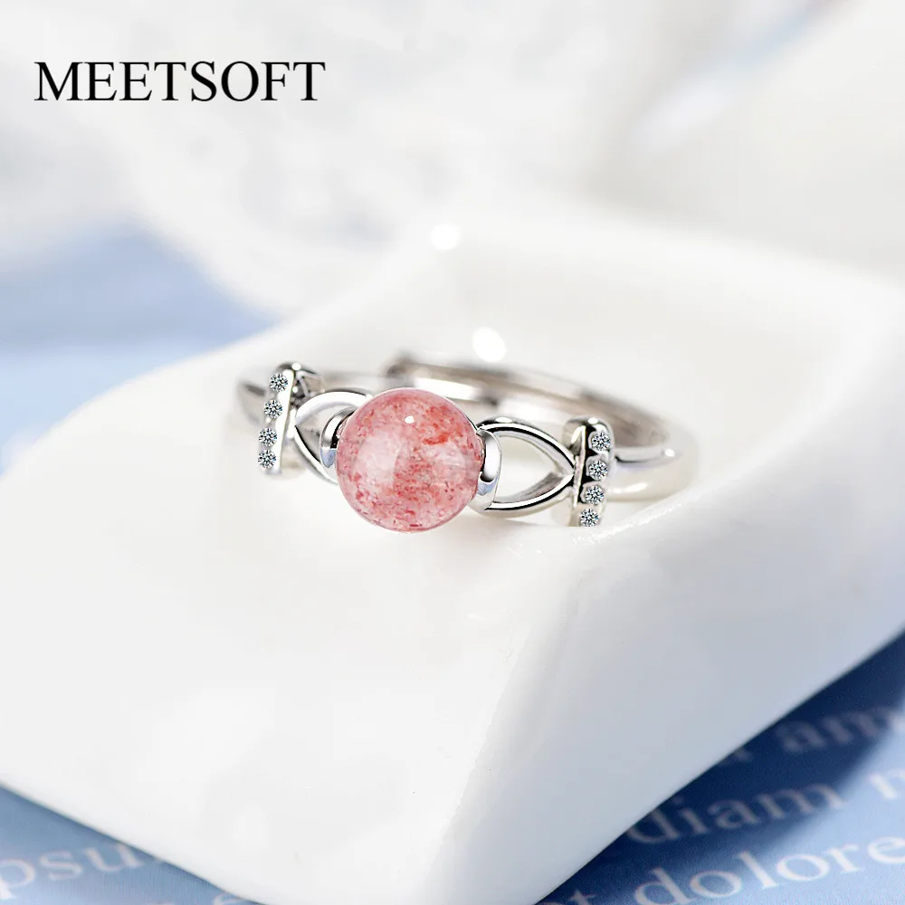 MEETSOFT 925 Silver Opening Ring For Women Simple Adjustable Strawberry Quartz Circle Crystal Jewelry Gift | Украшения и