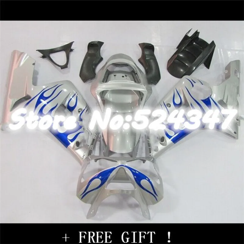 

Серебряный обтекатель с синим пламенем для KAWASAKI NINJA ZX 6R 636 03 04 ZX-6R 03-04 ZX6R 2003 2004 ZX 6R 03 04 обтекатели