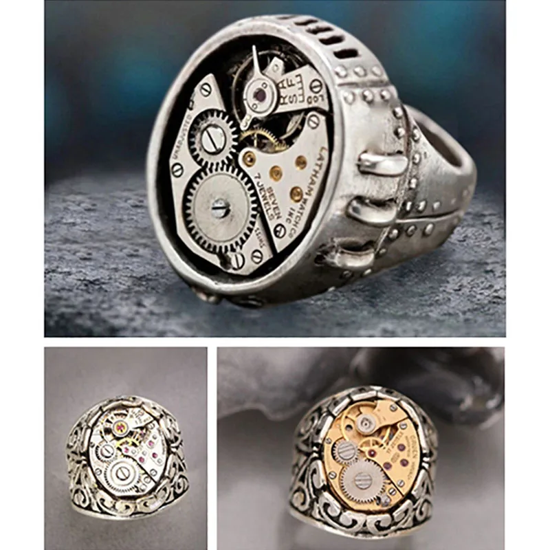Punk Mechanical Watch Design Gear Rings Men's Cool Accessories Antique Metallic Two Color Finger Women Modern Jewelry | Украшения и