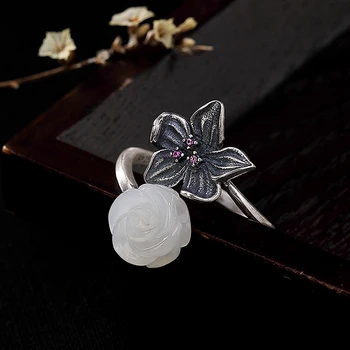 

Natural Jade Rose Silver Ring 925 Sterling Silver Retro Open for Women Engagement Fine Jewelry Gift